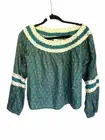 Luna Moon Peasant Top Teal Gold Floral Cropped Embroidered Crochet Boho Size XL