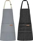 2 Pcs Kitchen Cooking Aprons, Poly/Cotton Blend Adjustable Soft Bib Stripe Apron
