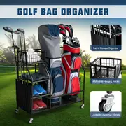 Costway Golf Storage Rack Mobile Golf Club Bag Organizer Metal Frame Sports Equipment Garage w/Wheels&Shelving Black