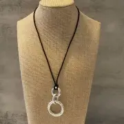 NWT Lia Sophia Double Ring Hammered Silver Tone Boho Pendant Black Satin Cord