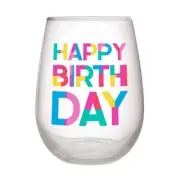 Stemless Wine Glass Happy Birthday Block Size 3.5in x 5in H Pack of 6