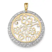 14k Two-tone Gold Polished and D/C Floral Circle Pendant