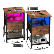 LED Nightstands Set of 2 with Charging Station, Bedside Tables with USB Vintage