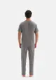 Grey Basic T-Shirt & Trousers Knitwear Set, Leaf Printed, Crew Neck, Regular, Long Leg, Short Sleeve Sleepwear for Men