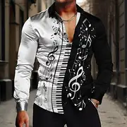 Men's Musical Notes Shirt Button Up Shirt Long Sleeve Casual Formal Summer Spring Fall Turndown Buttons Print White Blue Purple Apricot