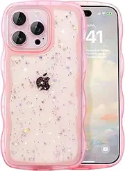 Case for iPhone 13 Mini - Curly Wave Edge Design, Bling Glitter Star Shiny Case, Cute Pink Clear Full Protection Soft TPU Shockproof Cover for Women and Girls (iPhone 13 Mini, Pink)