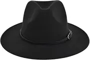 [QUUPY] Black Wide Brim Fedora Hat with Belt Panama Fedora Hats Floppy Jazz Hat for Performance Party Show Cosplay Wedding Daily Life, Black, One Size