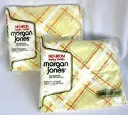 Vintage Morgan Jones Muslin DOUBLE FITTED Yellow Orange Green Sheets LOT OF 2
