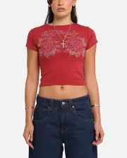 [ED HARDY] Ed Hardy Women's Rose Baby T-shirt Red - Size S S Red
