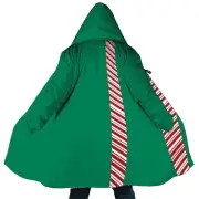 Personalized Hooded Cloak Coat, Green Christmas Candy Stripe Color Block Cloak