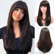 Dark Brown Wig With Bangs For Women Long Straight Layered Wigs Synthetic Laye...