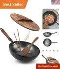 Premium 12.5" Flat Bottom Wok with Wooden Lid - For Authentic Chinese Cuisine