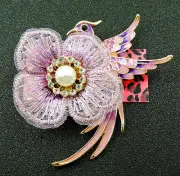 Elegant BIG Enamel BIRD Fabric FLOWER Rhinestone Pearl Necklace Pendant Brooch