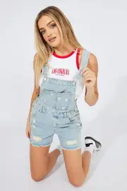 Denim Short Overalls Ripped - Size 6, Women's Dungaree