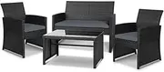 Gardeon Outdoor Table and Chairs Lounge Set 4pcs Rattan Wicker Dining Tables Chair Setting Sofa, Patio Conversation Sets Garden Backyard Furniture, Weather-Resistant Cushions Black Glass Tabletop