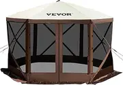 VEVOR Gazebo Screen Tent, 12 x ft, 6 Sided Pop-up Camping Canopy Shelter Tent with Mesh Windows, Portable Carry Bag, Ground Stakes, Large Shade Tents for Outdoor Camping, Lawn & Backyard, Brown/Beige