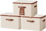 Tuza 3 Pcs Rigid Storage Bins with Zipper Lid, Cotton Linen Fabric Storage Boxes, Foldable Shelves Clothes Storage Cubes with Handles for Wardrobe, Closet(Beige, 42L)