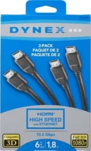 Dynex 2 Pack HDMI High Speed Cables Ethernet 6 Ft 10.2 Gbps 1080p Full HD Compat