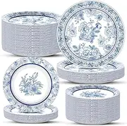 48 Guests Floral Blue White Party Supplies Set - Disposable Paper Plates, Dessert Plates, Tableware for Birthday, Baby Shower, Wedding Decorations - 96PCS
