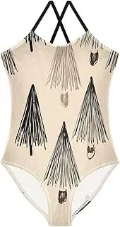 [RPLIFE] Cute Christmas Trees Beige Black Kids Swimwear Girls, Summer Beach Bathing Suit, 3-10
