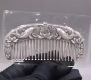 Pure 999 Fine Silver Hair Comb Fish Fu Lotus Healthy Hair Care 3.9inchL/63-64g