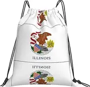 EdWal Illinois State Flag Print Drawstring Backpack Gym Bags Sports Draw String Bags For Gym Travel Swimming Beach, White, One Size