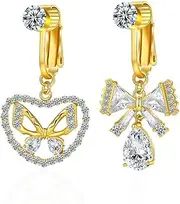 [Niaspi] 2Pcs Non-Piercing CZ Bowknot Dangle Fake Belly Button Rings for Women Cute Bow Heart Clip On Non Pierced Belly Navel Barbell Ring Dangling Body Jewelry