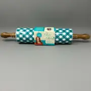 The Pioneer Woman TEAL/WHITE CHECK Rolling Pin Acacia Wood Handles RETIRED ~ NEW
