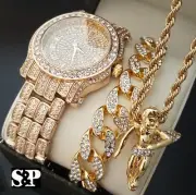 Men Hip Hop Iced Bling Lab Diamond Watch & Cuban Bracelet & Angel Necklace Set