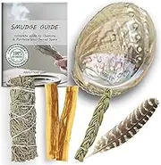 Sage Smudge Kit | USDA Organic California White Sage, Sweetgrass Sage, & Palo Santo Stick(s) Smudging Kit for Meditation, Yoga, Reiki, Home Cleansing, & Aromatherapy (Healer's Kit, Blue Sage)
