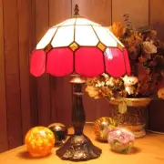 Red Pattern Tiffany Style Stained Glass Table Lamp with Satin Bronze Finish Base