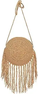 [QTKJ] Boho Long Cotton Tassels Crochet Zipper Mini Crossbody Bag Handwoven Summer Beach Round Shoulder Bag (Khaki)