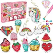 12Pcs Diamond Painting Art Kits for Kids 5D Diamond Arts and Crafts for Girls Ages 6-12 Diamond Painting Keychains Ring for Gift Box Gem Art Supplies Gem Star Cake Rainbow Keychains
