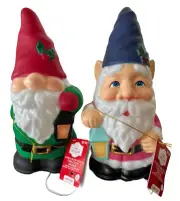Garden Gnome Blow Mold Holiday Time 11" Light Up Blue & Red Set 2 Piece NWT