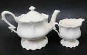 NEW SET OF 2 PEPPERTREE TEAWARE VICTORIAN WHITE TEA,COFFEE POT,TEAPOT & CREAMER