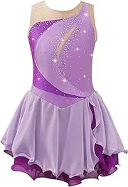 [Rswnyirn] Kids Girls Sleeveless Figure Ice Skating Dress Mesh Patchwork Sequins Rhinestone Ballet Leotard Dress Dancewear