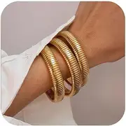 [FACAICAI] Gold Bangles for Women Chunky Stretch Bangles Bracelets Set 18K Gold Plated Stainless Steel Link Chain Bracelets Flexible Wide Wristband Bracelets Set of Jewelry for Women