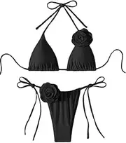 [Generic] Women's Floral Appliques Cute Bathing Suit High Waisted Triangle Tie Side Swimsuit Bikini Set