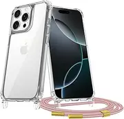 T Tersely Adjustable Lanyard Crossbody Case for iPhone 16 Pro Max (6.9-Inch) - Clear Transparent, Anti-Yellowing, Shockproof Protective Cover with Neck Strap (Rose Gold)