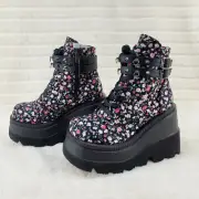 Shaker 52ST Black Floral Platform 4.5" Wedge Heel Ankle Boots NY DEMONIA
