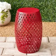 Stylish Red Metal Barrel Porch/Patio Home Stool Side/End Accent Table