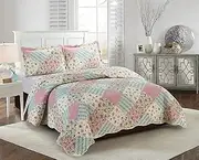 [Brilliant Sunshine] Pink and Green Rose Patchwork, 3-Piece Quilt Set with 2 Shams, Reversible Bedspread, Soft Lightweight Coverlet, All-Season, Full/Queen, Pink Green