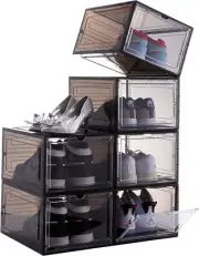 Drop Front Shoe Box,Set of 6,Stackable Plastic Shoe Box with Clear Door,As Shoe