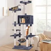 Cat Tree 184cm Multi-Level Cat Tower with Scratching Posts, Cat Condo Play House Wooden Furniture with Hanging Toy & Hammock, Sisal-Covered Cat Scratcher Tower for Kitten Climbing & Rest, Grey
