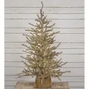 New Primitive Retro Vintage ANTIQUED SILVER TINSEL TREE Burlap Base 4 ft