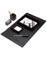 Bey-Berk 6pc Cherry Wood & Black Leather Desk Set