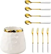 Fvstar Coffee Flatware Set, White Ceramic Jar with 4 Gold Forks and 4 Small Spoons, Creative Set for Coffee, Desserts, Party (White)