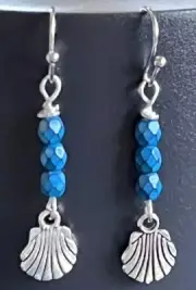 Etched Silver Shell and Blue Picasso Bead Earrings. Boho Chic. Ocean. Beach.
