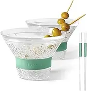 Martini Glasses, Plastic Reusable Insulated Freeze Martini Cups, Gel Chiller, Double Wall Stemless Martini Glasses Set of 2,Green, 9 Oz Capacity, Martini Gifts, 2 Reusable Cocktail Straws