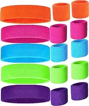 [ZLXO NOVELTIES] Workout Headbands for Women and Men, 80s Sweatbands for Women with Wristbands Set of 5 Colorful Neon Sweatbands, 80s Headbands, Sports Headband and Wristband Sets